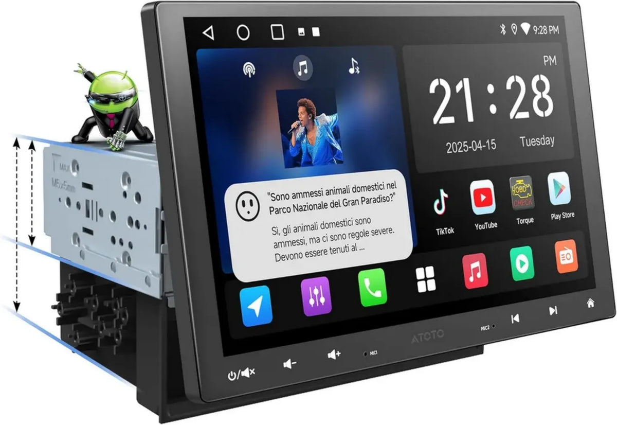 Autoradio ATOTOZONE A5L Android 10'' con CarPlay e Android Auto, Schermo Regolabile, WiFi, BT, USB, GPS, 2G+32G