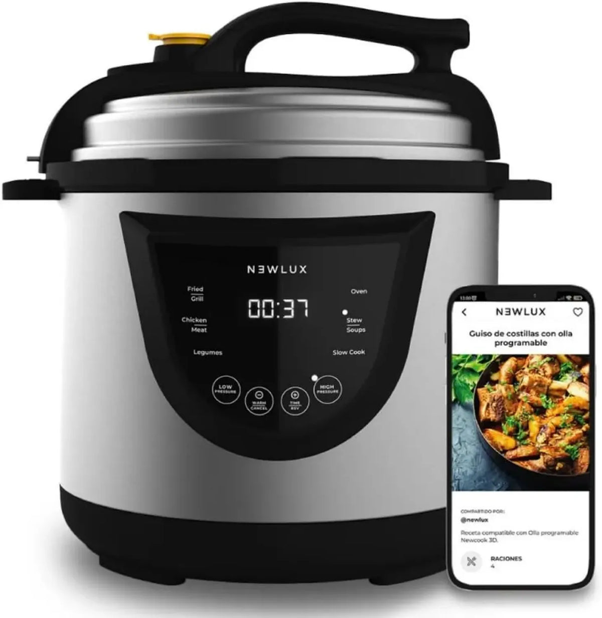 NEWLUX Pentola Elettrica a Pressione 6L, Acciaio Inox, 1000W, 10 Programmi, Programmabile, Mantenimento Calore, Sistema Duopressione, Antiaerente