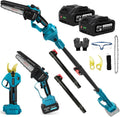 Set da 4 in 1: Motosega a Batteria da 6 Pollici e Forbici da Potatura Elettriche 45mm con Asta Telescopica, 2 Batterie da 4000 mAh