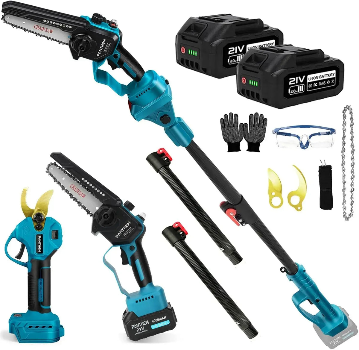 Set da 4 in 1: Motosega a Batteria da 6 Pollici e Forbici da Potatura Elettriche 45mm con Asta Telescopica, 2 Batterie da 4000 mAh