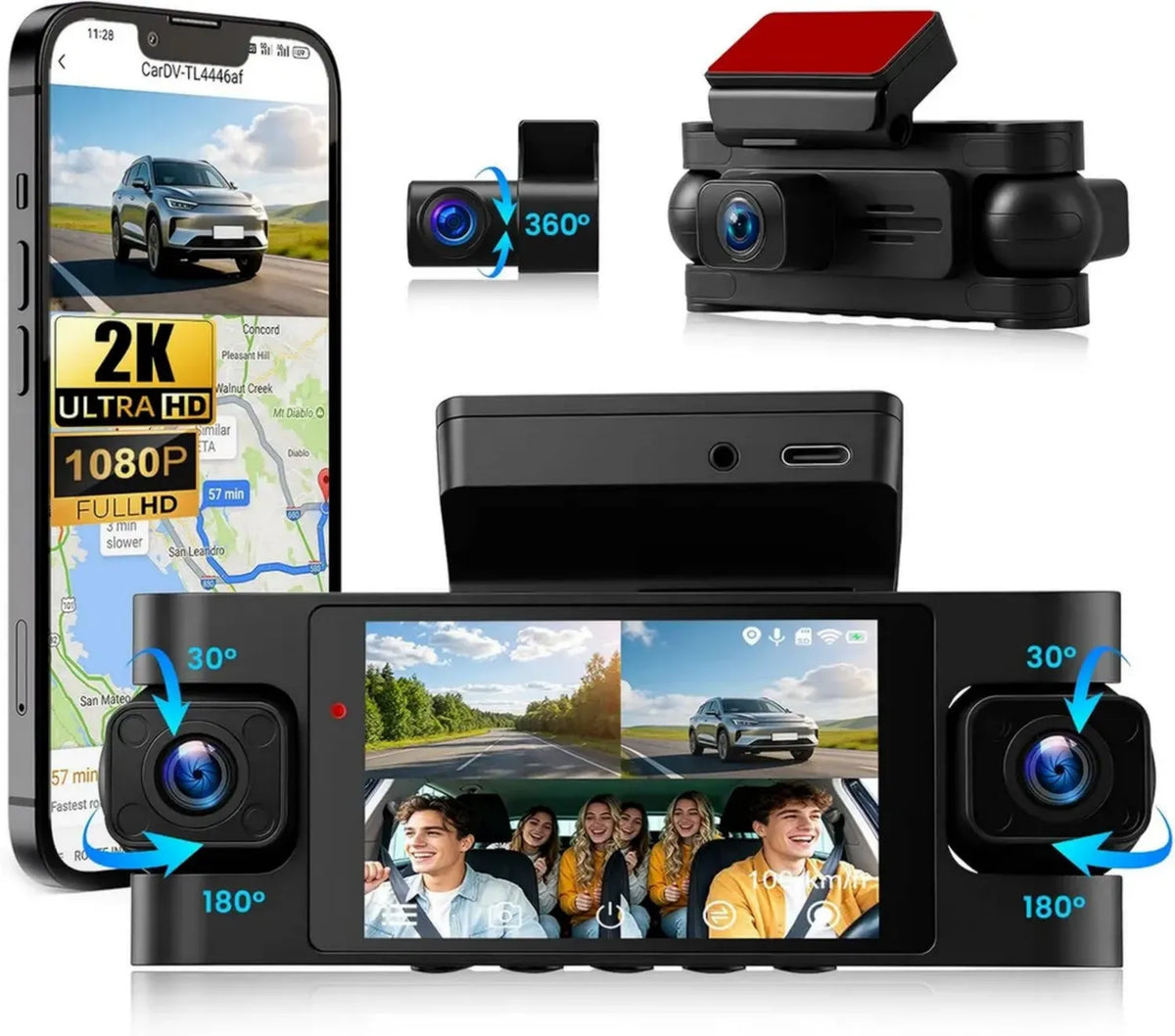 Telecamera Auto 2K+1080P, Wi-Fi 5GHz, Visione Notturna Avanzata, GPS e Sensore G, Supporto fino a 256GB