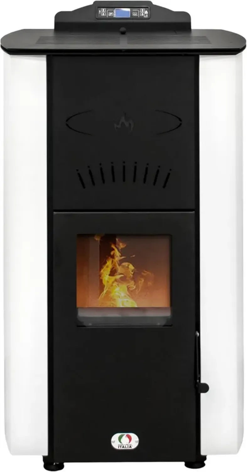 Stufa a Pellet Idro 20KW con Pulizia Automatica, Efficienza 90%, Riscaldamento e Acqua Calda per 120m², Autonomia 22 Ore, Programmabile a 5 Livelli, Garanzia 24 Mesi, Colore Bianco