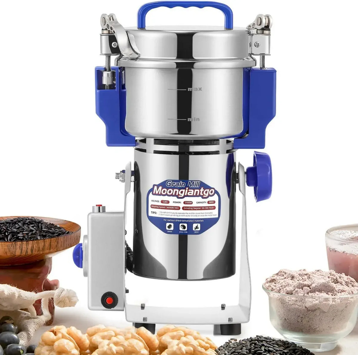 Mulino Elettrico Moongiantgo 800g, 2500W, Motore Veloce 36000RPM, Acciaio Inossidabile, Sicurezza Overload Stop