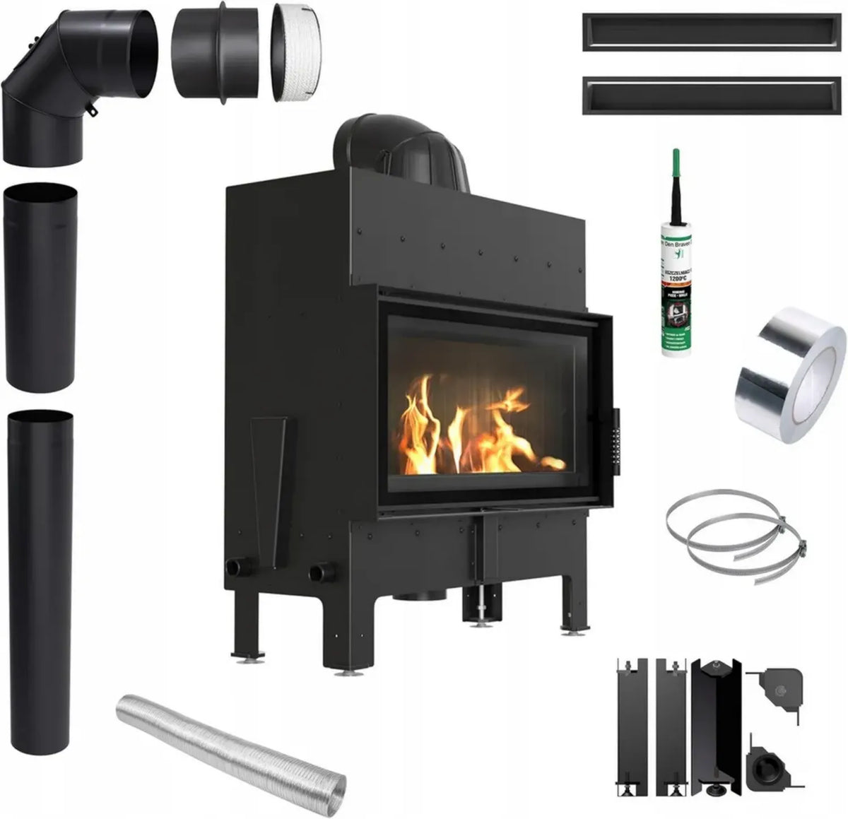Inserto camino a legna Floki in acciaio nero 12 kW, efficienza 85%, BImSchV 2, potenza 10-16 kW, set completo accessori