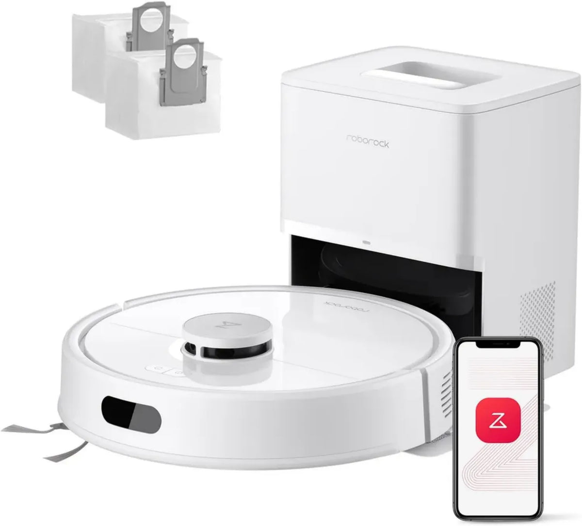 Aspirapolvere Robot Roborock Q7 L5+ con Stazione di Svuotamento Automatica, Potente Aspirazione 8.000 Pa, Controllo Acqua per Lavaggio, Sistema Anti-Groviglio, Potenziamento Automatico sui Tappeti, Colore Bianco