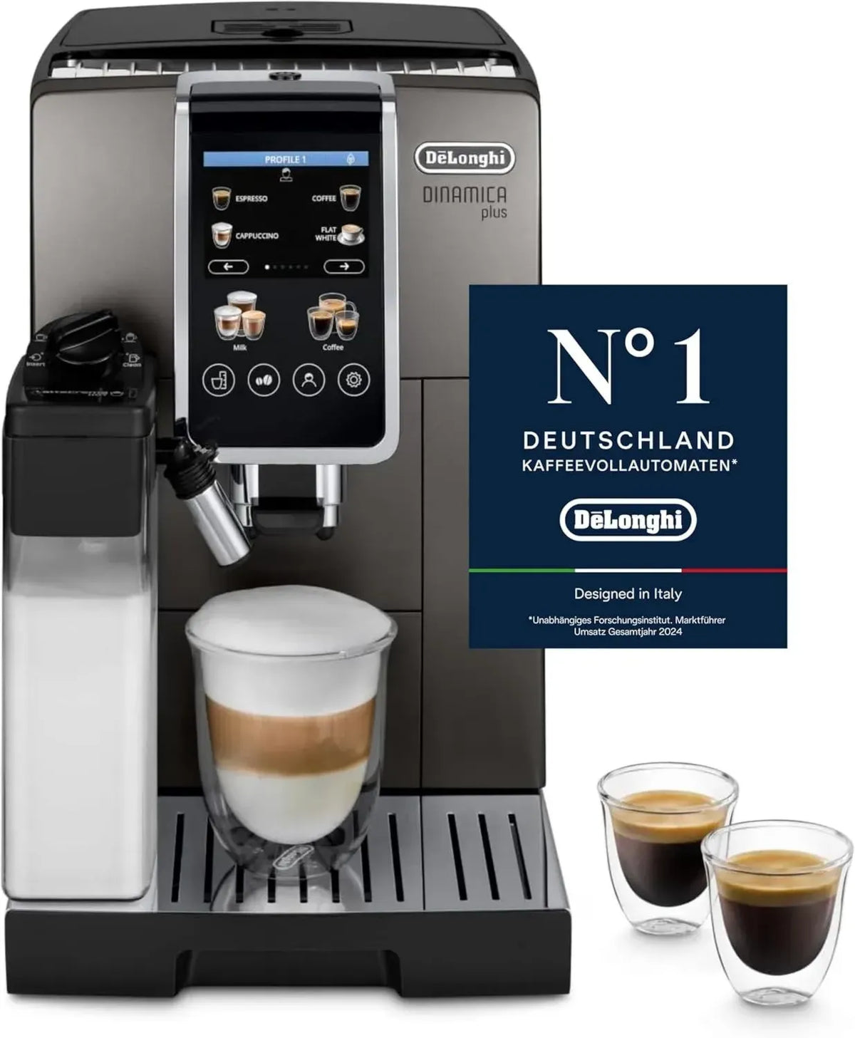 De'Longhi Dinamica Plus ECAM380.95.TB, Macchina per Caffè a Chicchi Automatica, Schermo Touch, 24 Bevande, Montalatte Integrato, Spegnimento Programmabile, Colore Titanio