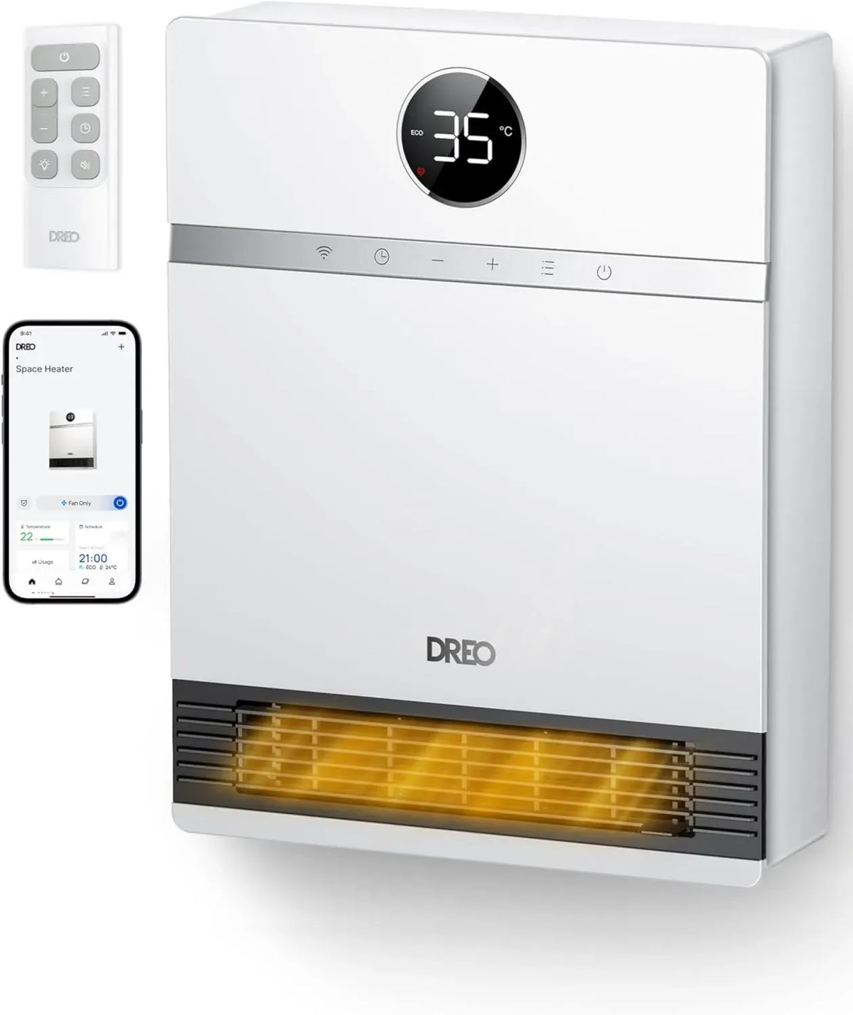 Dreo Termoventilatore Intelligente a Parete con Oscillazione e Timer 24H, 2000W, Telecomando e Termostato, Compatibile Alexa