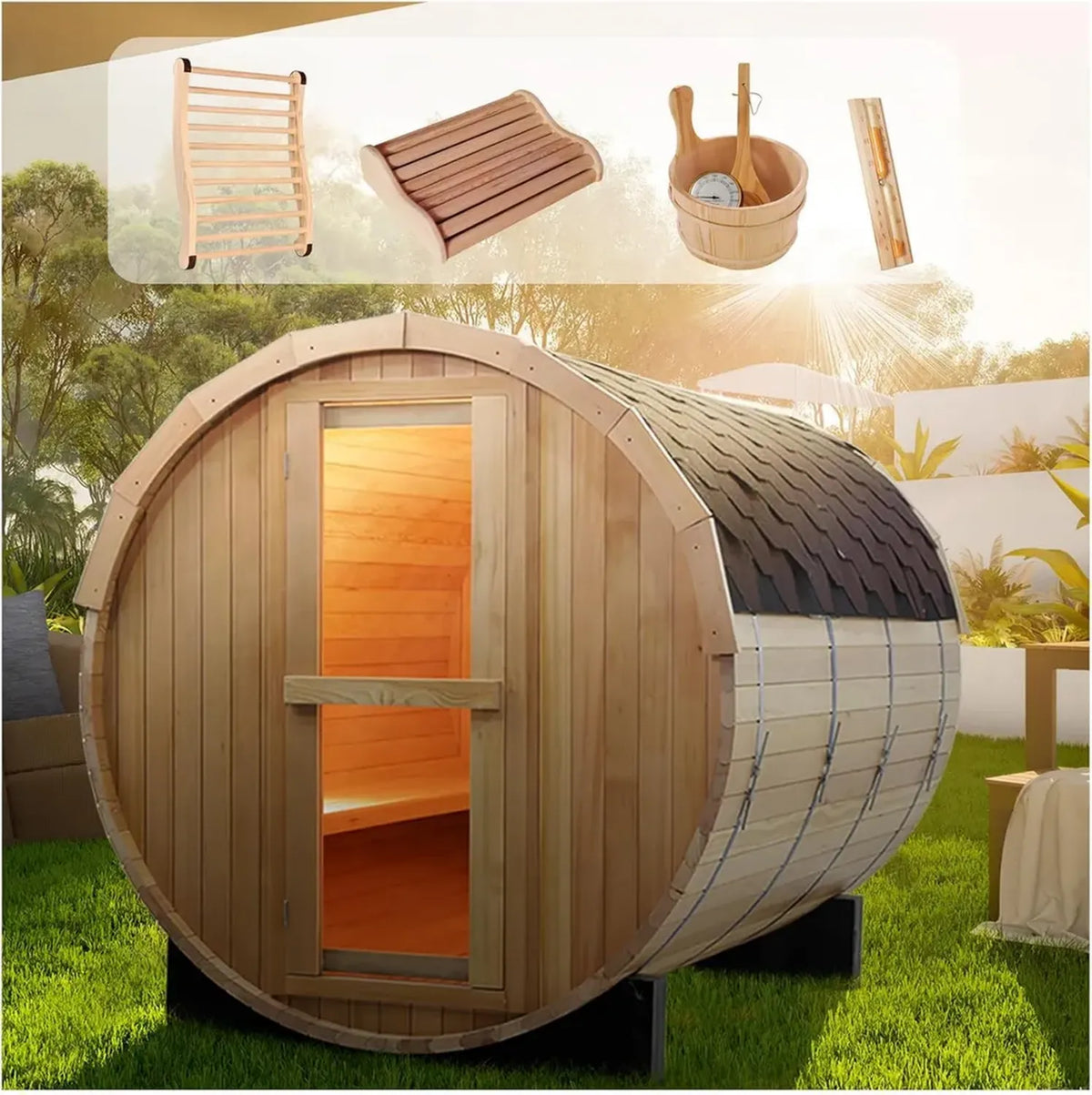 Sauna botte in legno per 2-3 persone, riscaldamento elettrico 220V 4,5kW, tetto a scandole, ideale per esterno