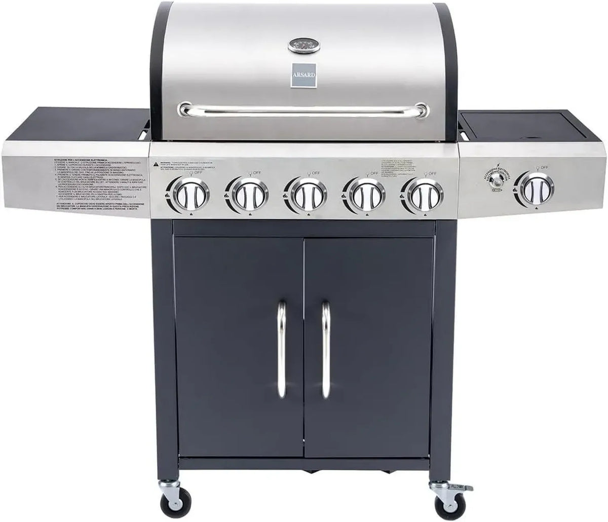 Griglia a Gas XXL Professionale 6 Fuochi 19 kW con Bruciatore Laterale e Accessori in Acciaio Inox