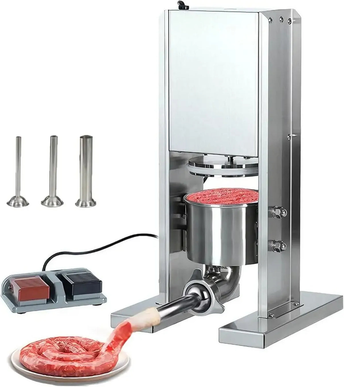 Insaccatrice Elettrica per Salsicce 2L, Verticale in Acciaio Inox 200W, 3 Tubi, Pedale, Forza 1000N