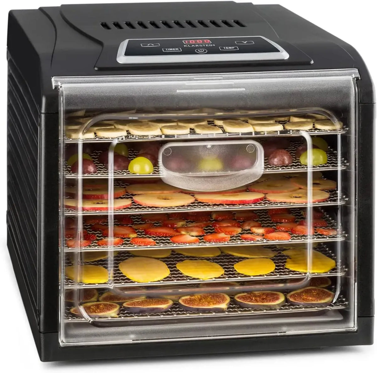 Klarstein Essiccatore Multiuso: Frutta, Carne, Verdura, Temperatura 35-70 °C, 6 Ripiani Antiaderenti, 500W, Nero