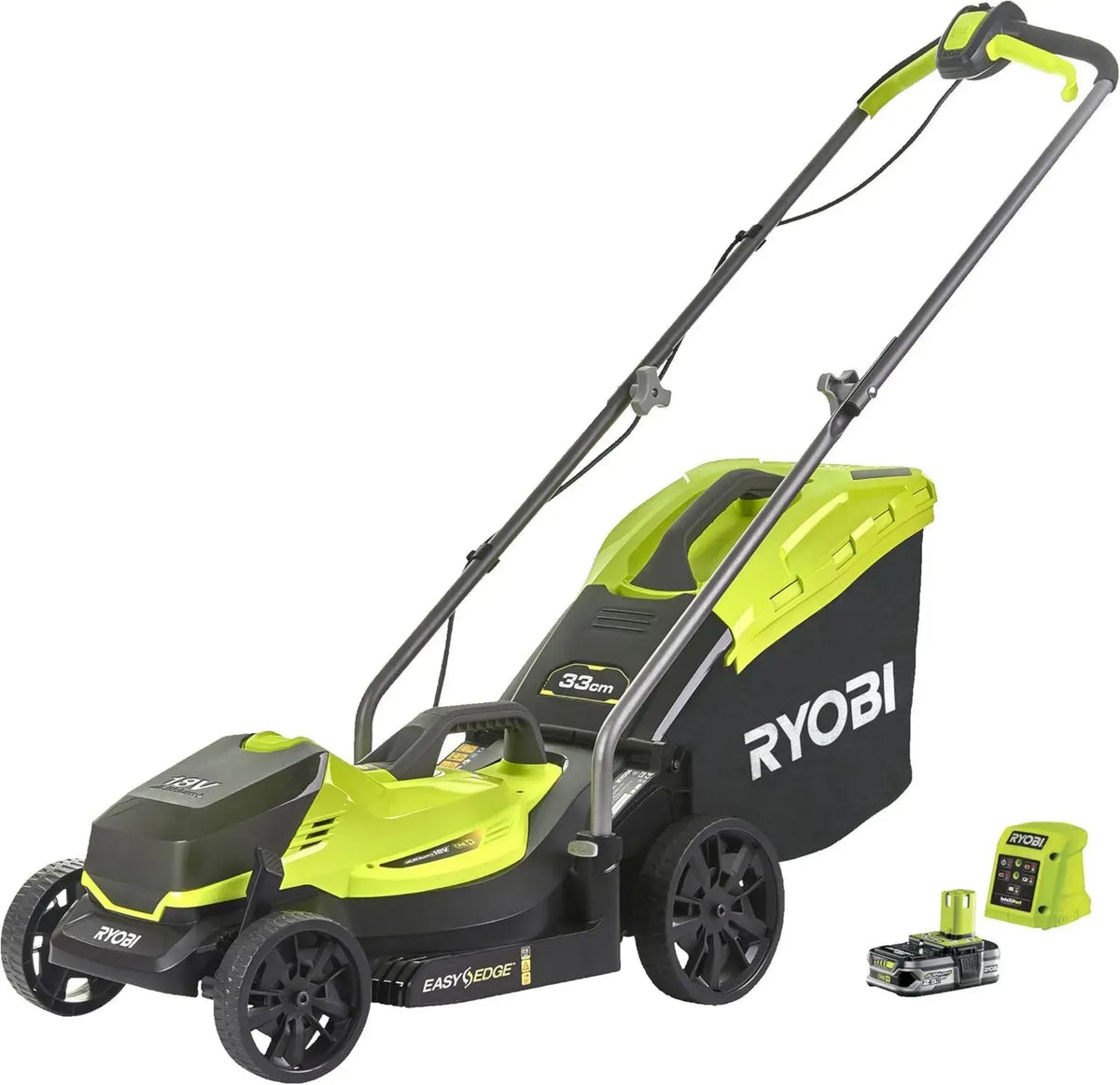 Tagliaerba a Batteria Ryobi 18V RLM - Larghezza di Taglio 33 cm - Altezza Regolabile - Sacco di Raccolta 35L - Batteria e Caricatore Inclusi