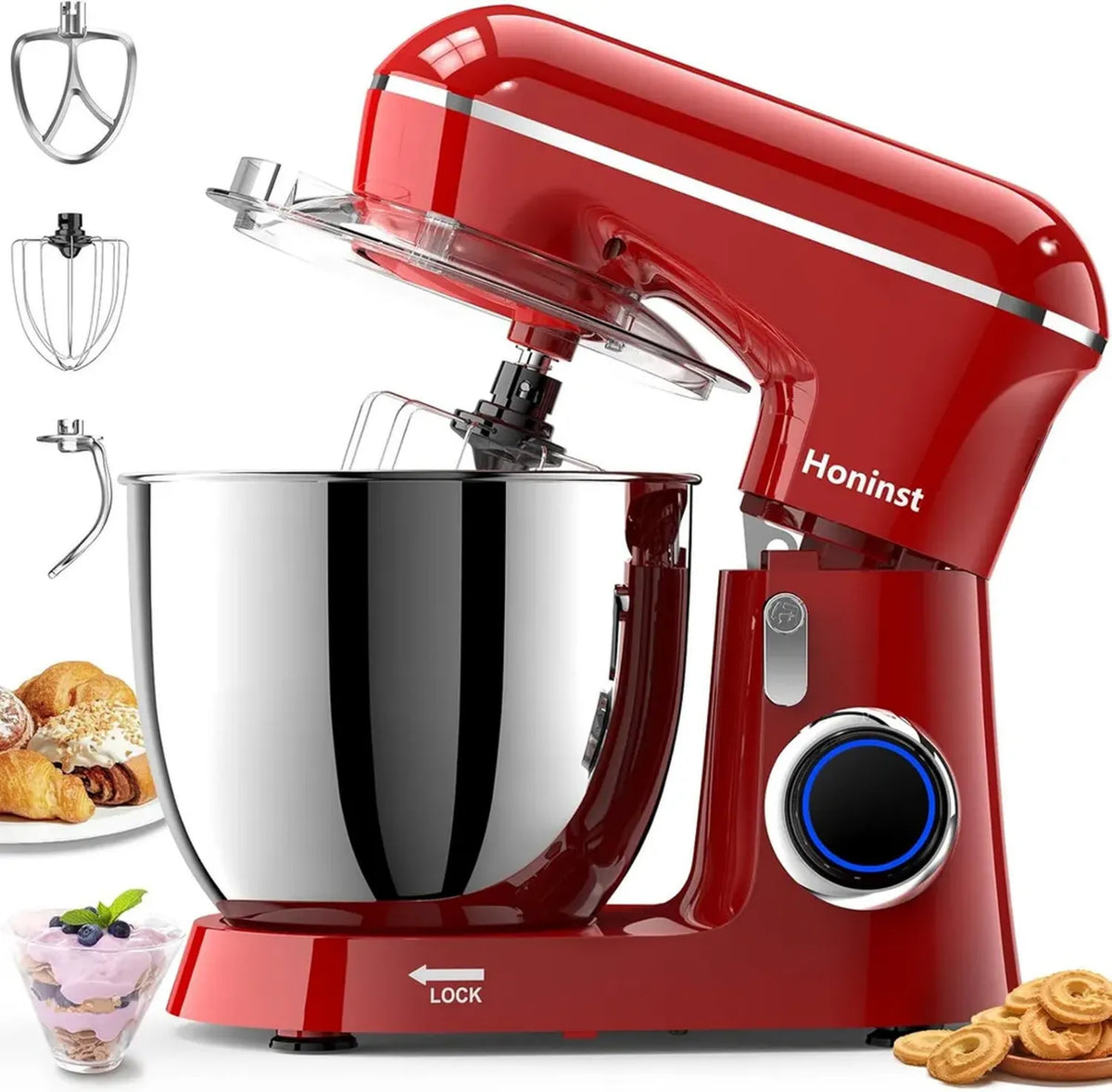 Robot da cucina 1400W, ciotola 6L in acciaio, frusta e gancio per impastare, rosso