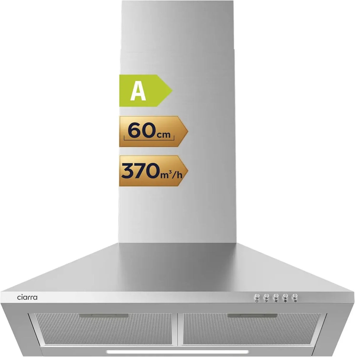 CIARRA Cappa Aspirante 60cm Classe A, 370m³/h, 3 Velocità, LED, Doppia Opzione di Scarico