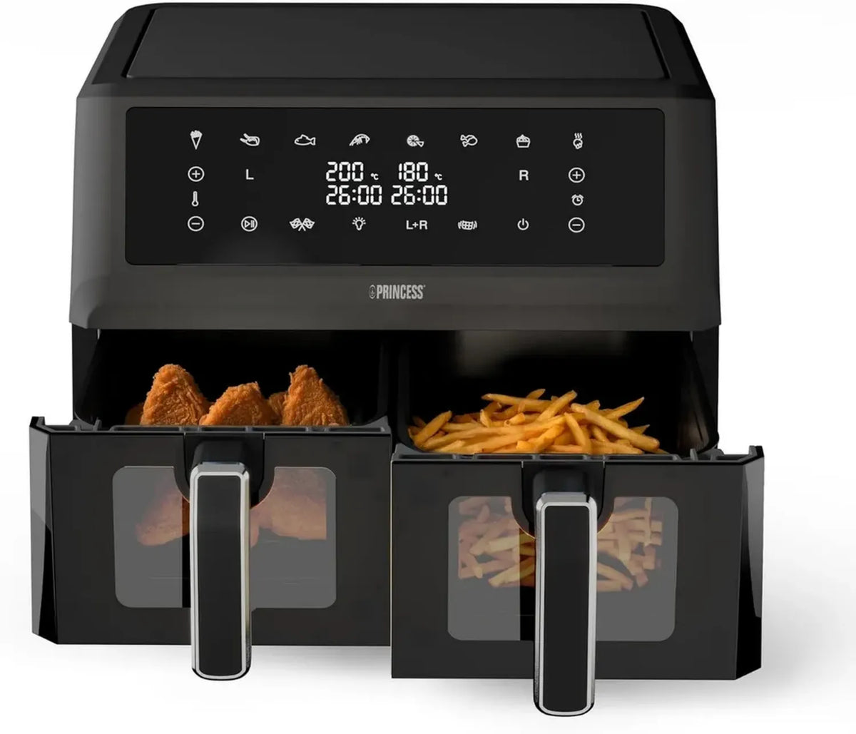 Friggitrice ad Aria XXL Princess con Cestelli Doppi - 11L - Senza BPA/PFAS - Cottura Sincronizzata - 8 Programmi - Finestra Trasparente - 2400W