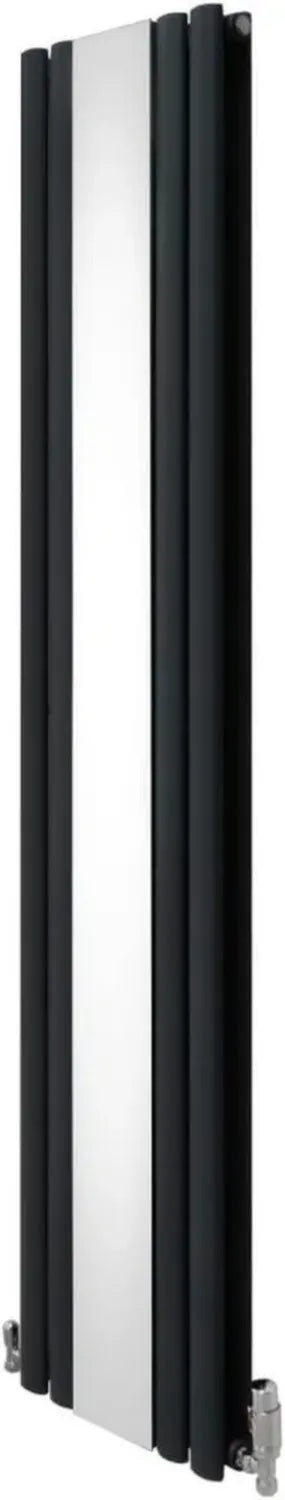 Radiatore Antracite con Specchio, Design Verticale 1800x380 mm, Doppia Colonna in Acciaio al Carbonio, Inclusi Set Valvole Cromate TRV, Montaggio a Parete per Cucina e Soggiorno