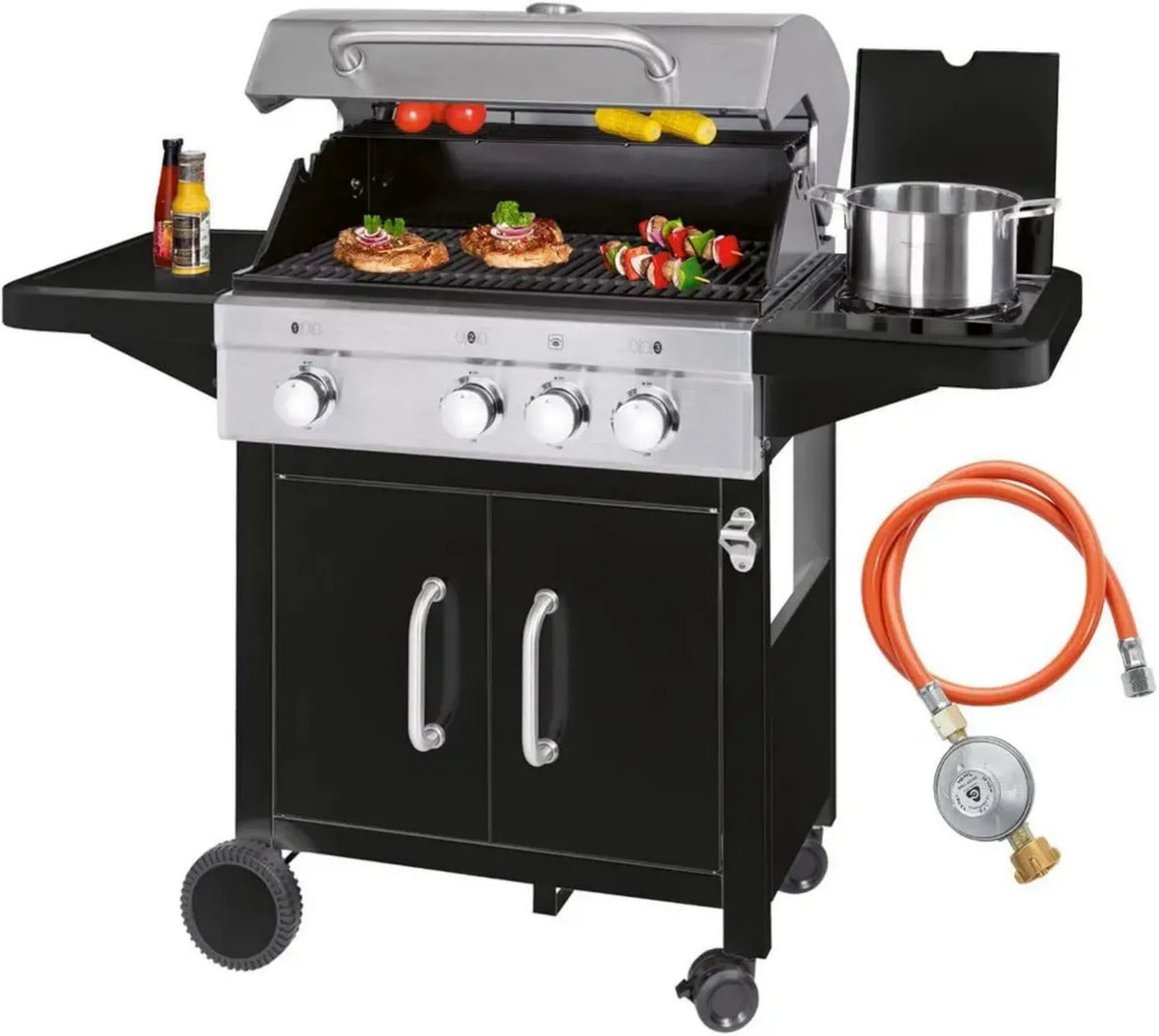 Griglia a Gas ProfiCook PC-GG 1219 con 3 Bruciatori in Acciaio e Piano Cottura Aggiuntivo
