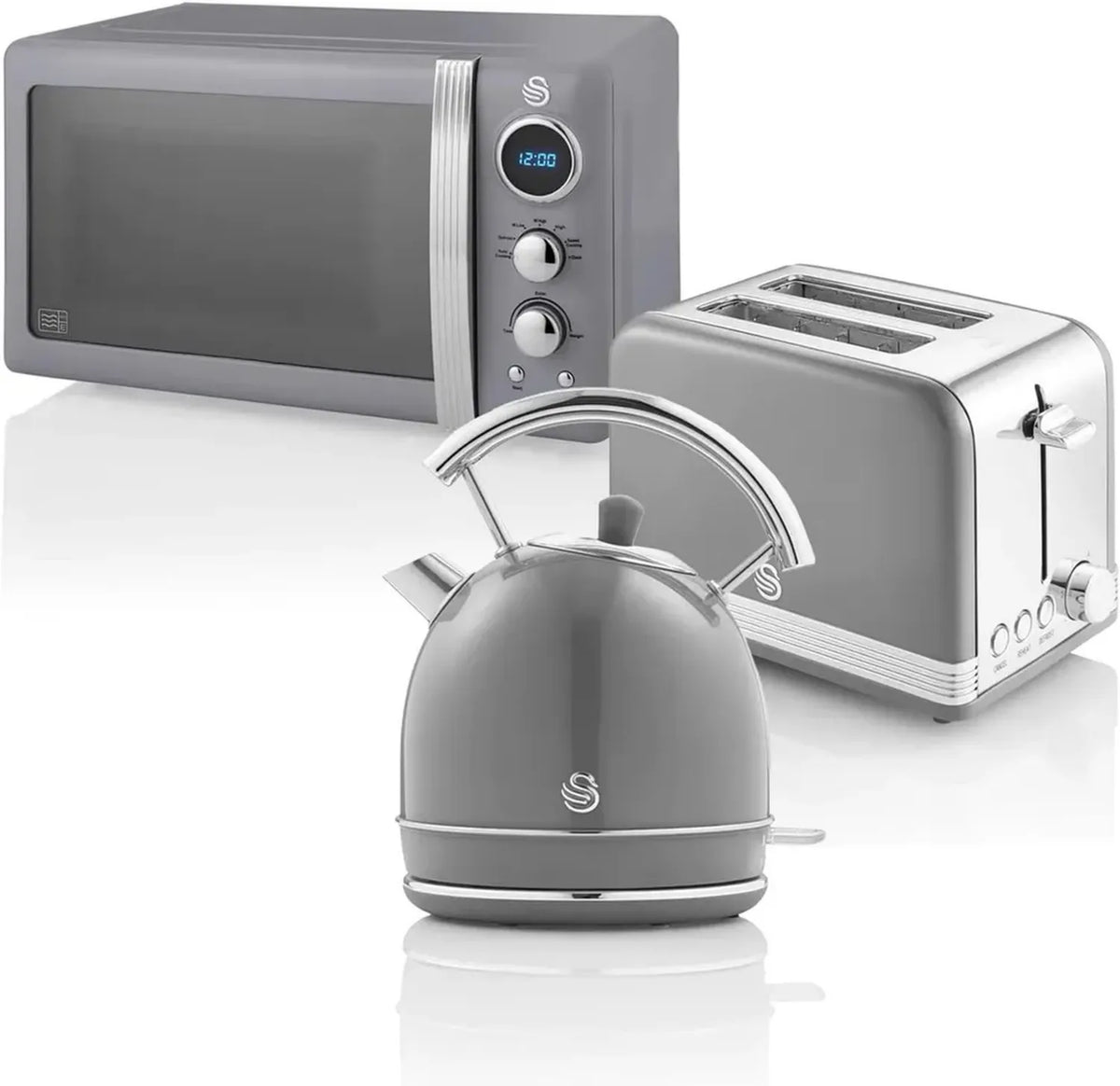 Set Colazione Retrò Swan: Bollitore 1,8L, Tostapane 2 Fette, Microonde 20L, Design Vintage Grigio