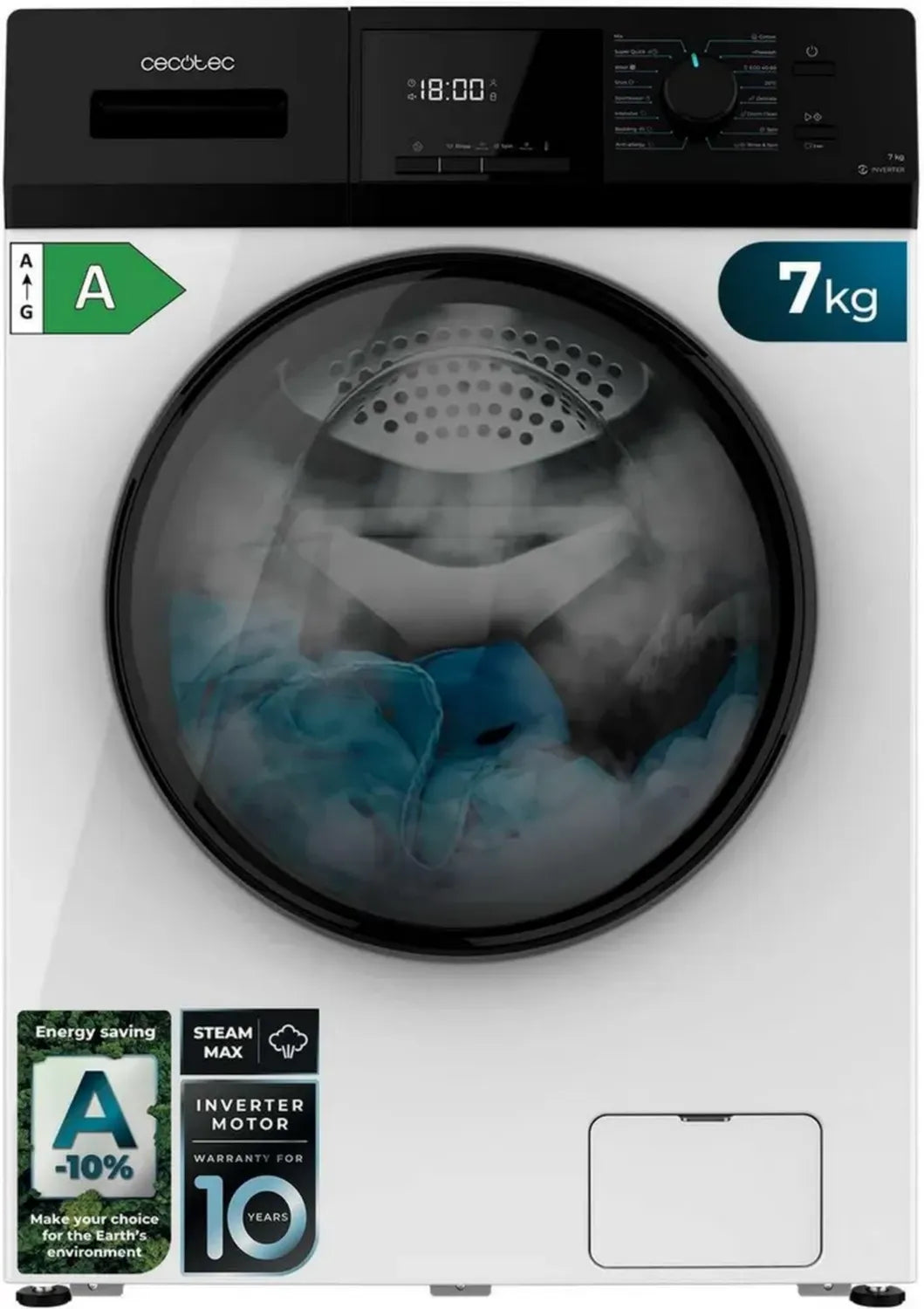 Lavatrice Frontale 7 Kg Cecotec Bolero Dresscode 7410, Inverter, 16 Programmi, Efficienza Energetica, Funzione Vapore