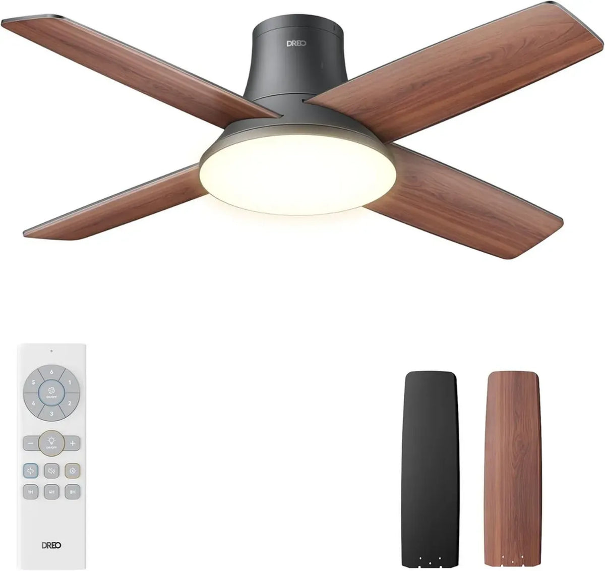 Ventilatore a soffitto silenzioso Dreo con luce LED integrata e telecomando, 112 cm, 5CCT, 6 velocità, reversibile, facile installazione e timer