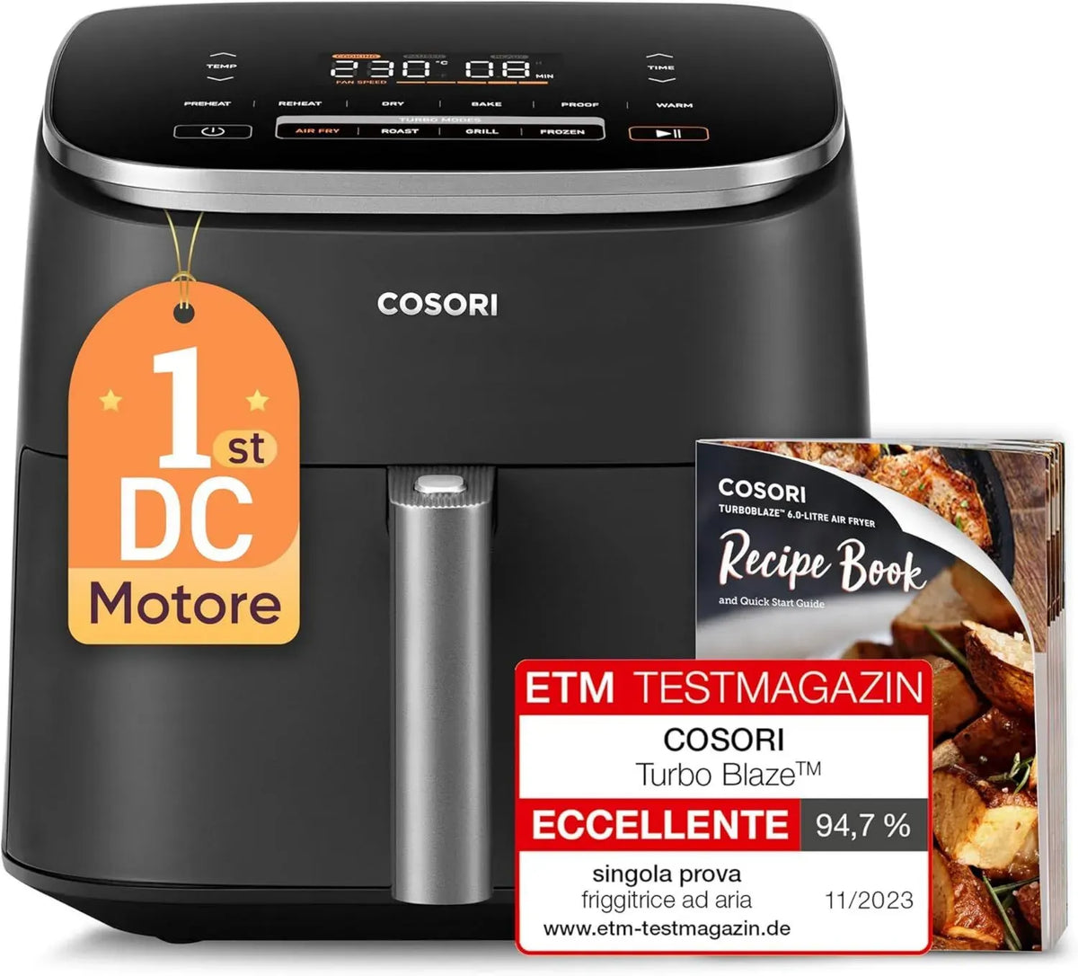 COSORI Friggitrice ad Aria 6L, Air Fryer con Motore DC e 9 Programmi, 5 Velocità Ventola, 110 Ricette, 1725W
