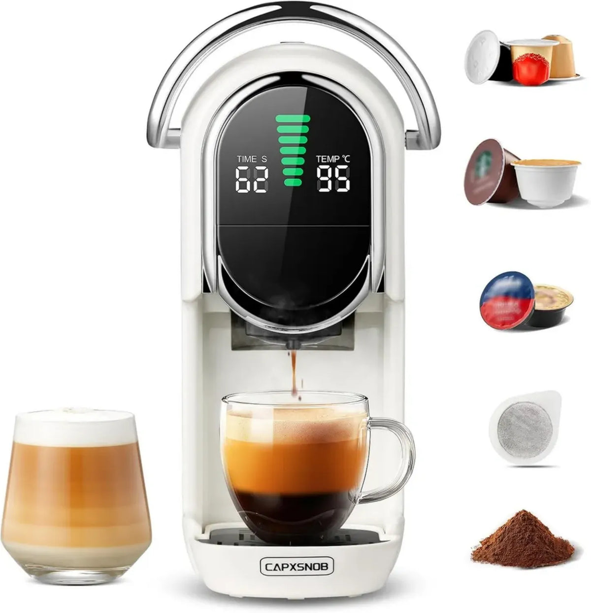 Macchina da Caffè Multi-Cialda 5 in 1 Compatibile con Nespresso, Dolce Gusto e Altre, 20 Bar, 1450W, Display LED, Personalizzazione Acqua, Bianco
