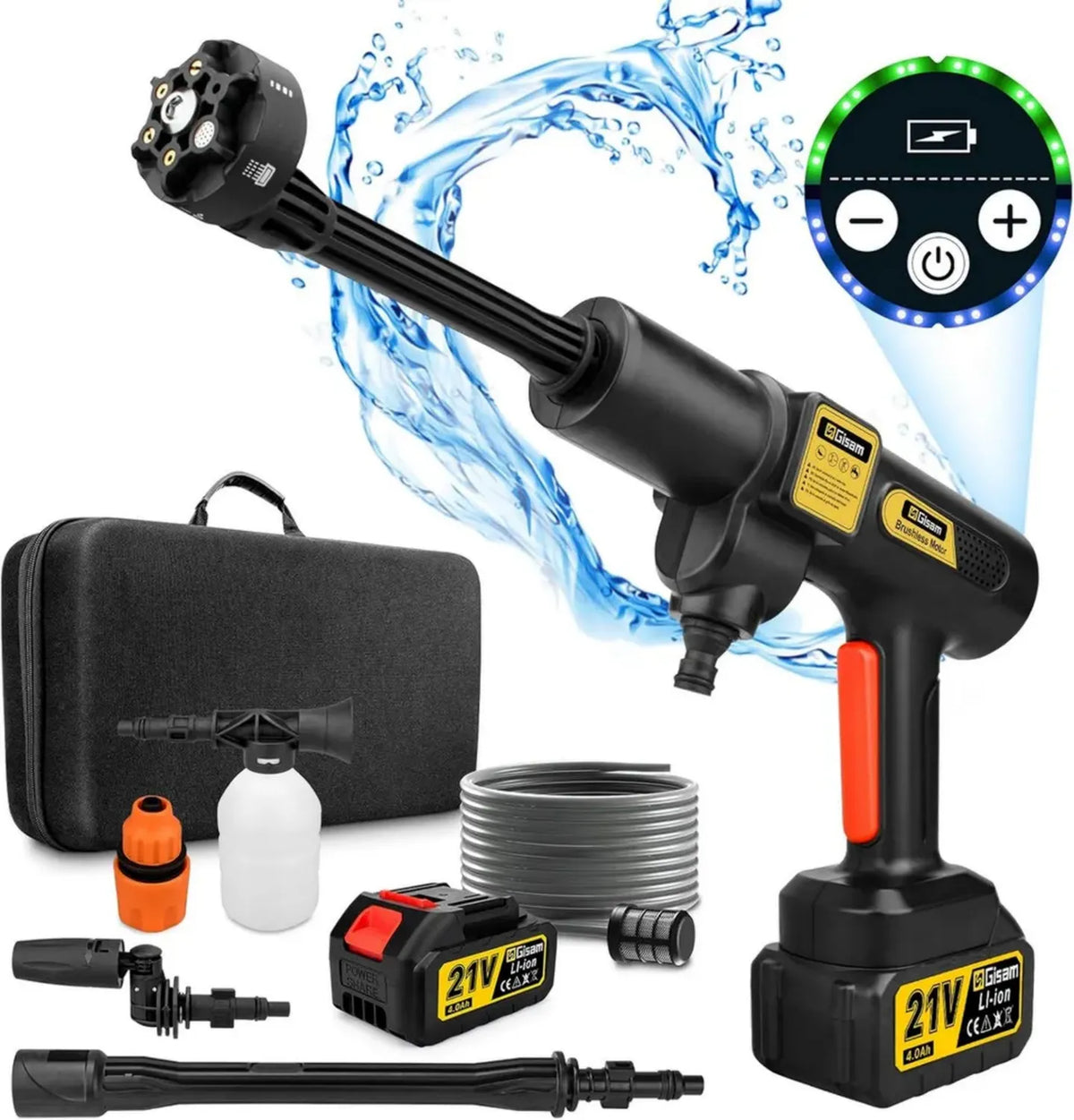 Idropulitrice a Batteria Gisam 943 PSI, 2 Batterie 4000mAh, Ugello Multiuso 6 in 1 e Spruzzatore di Schiuma