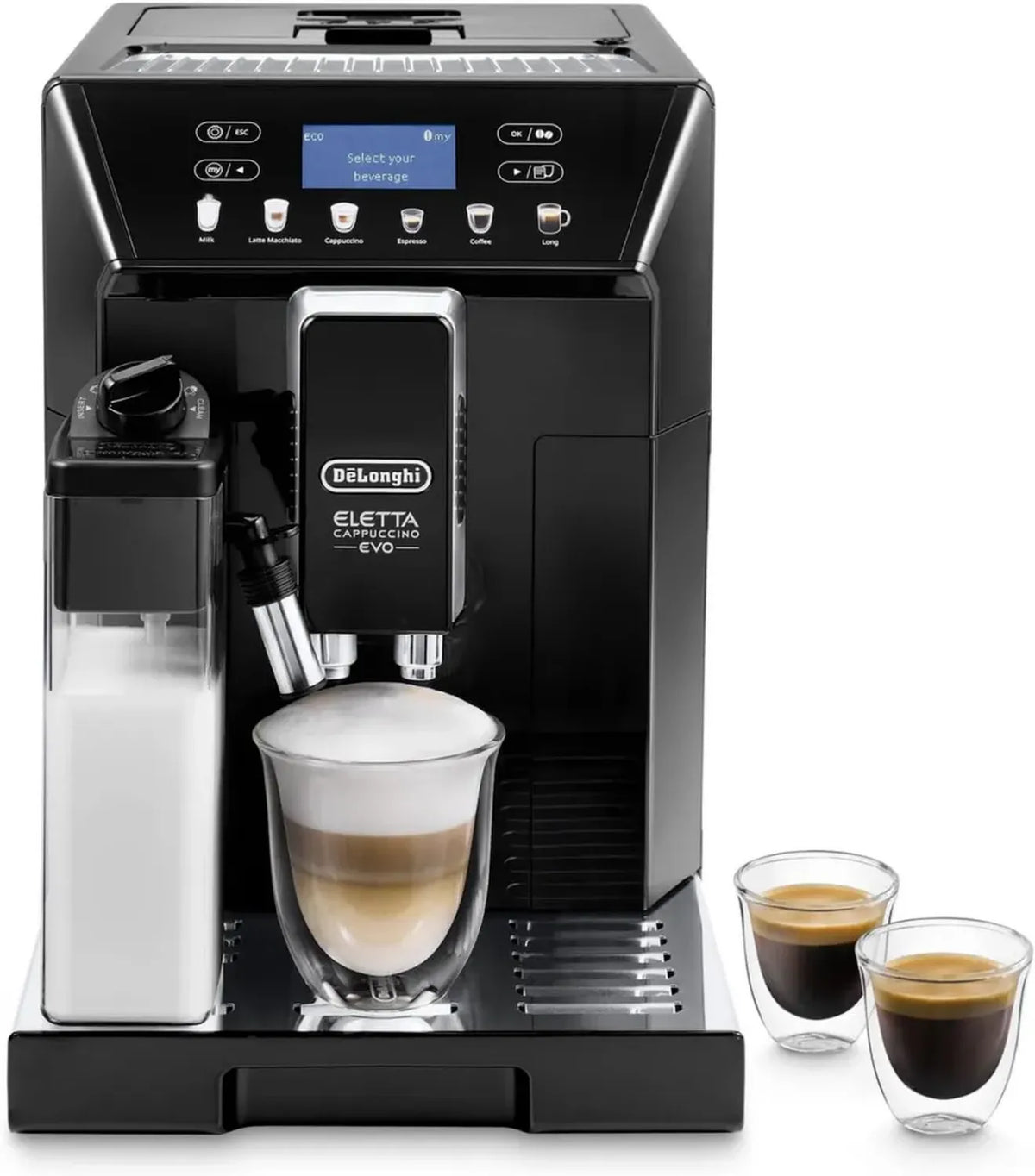 De'Longhi Eletta Evo ECAM 46.860.B Macchina da Caffè Automatica con LatteCrema System, Cappuccino ed Espresso One-Touch, Display LCD, 2L, Nero