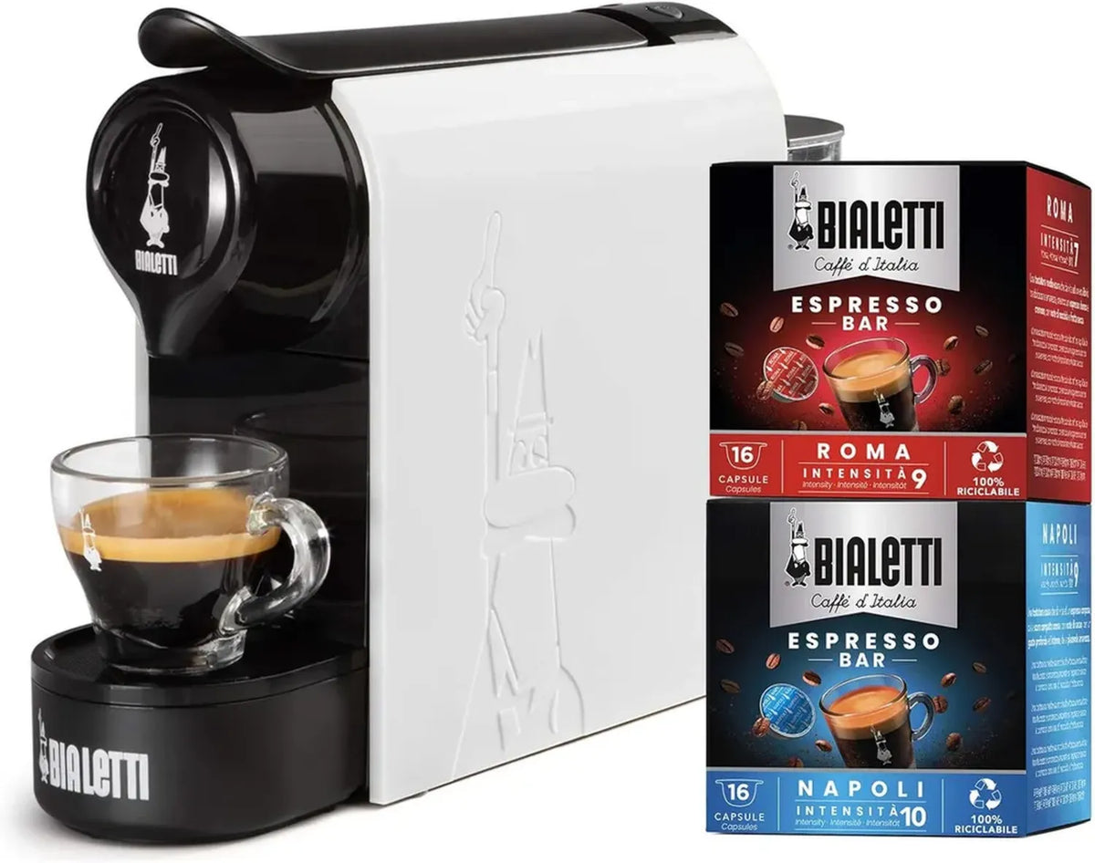 Bialetti Gioia, Macchina per Espresso con 32 Capsule Incluse, Solo per Capsule, Colore Bianco