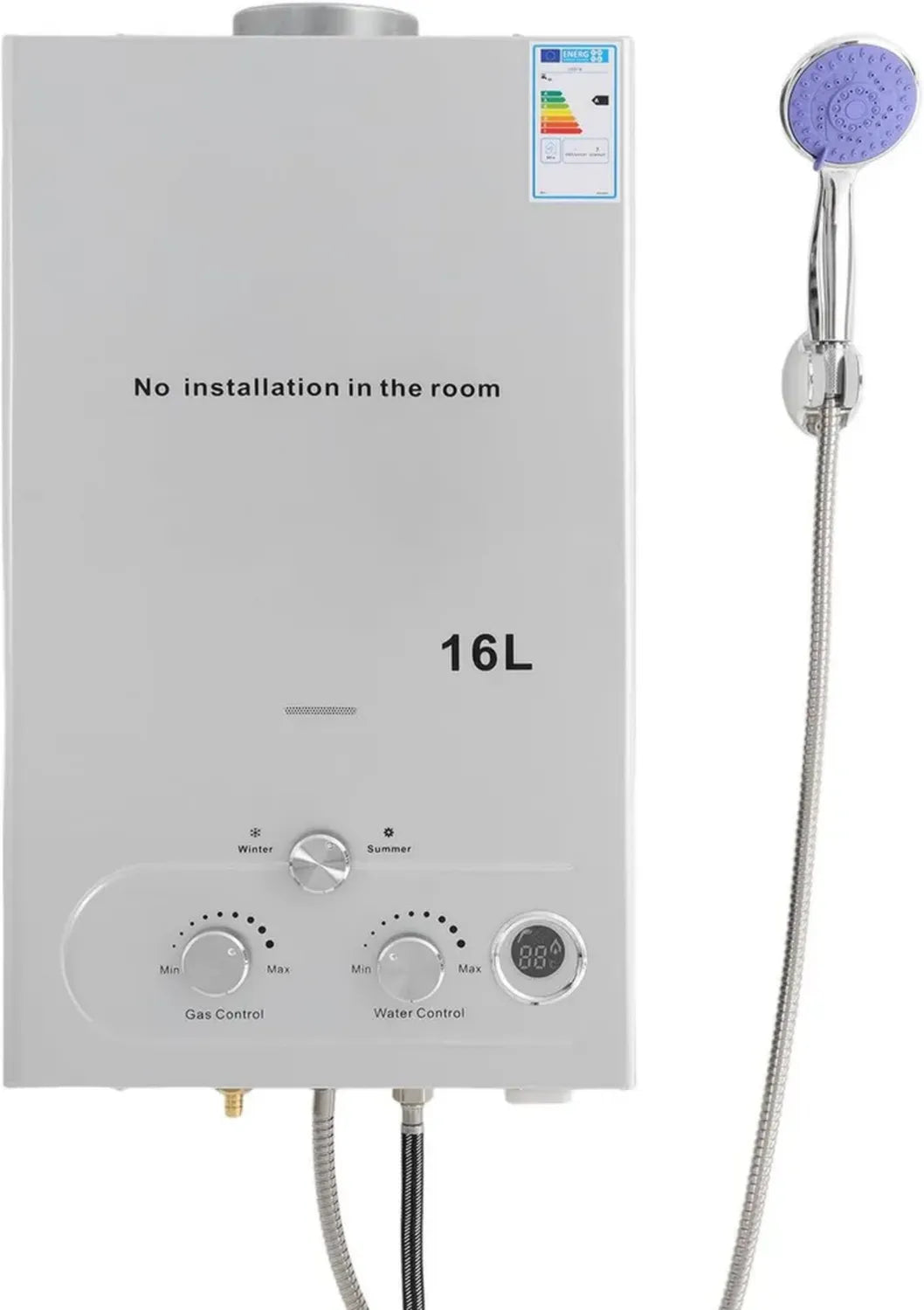 Scaldabagno a gas portatile 16L, 24KW, avviamento a bassa pressione, ideale per campeggio