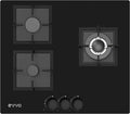 Piano Cottura a Gas EVVO V65 in Vetro Temperato Nero, 3 Fuochi, Wok Incluso, Accensione Elettrica, Compatibile con Gas Naturale e Butano