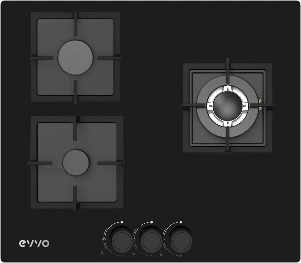 Piano Cottura a Gas EVVO V65 in Vetro Temperato Nero, 3 Fuochi, Wok Incluso, Accensione Elettrica, Compatibile con Gas Naturale e Butano