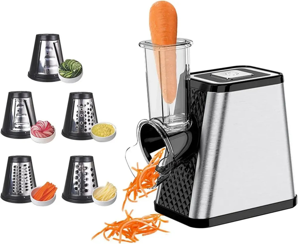 Affettatrice Elettrica 5 in 1 da 500W con Lame in Acciaio Inox, Ideale per Formaggio, Verdure e Frutta