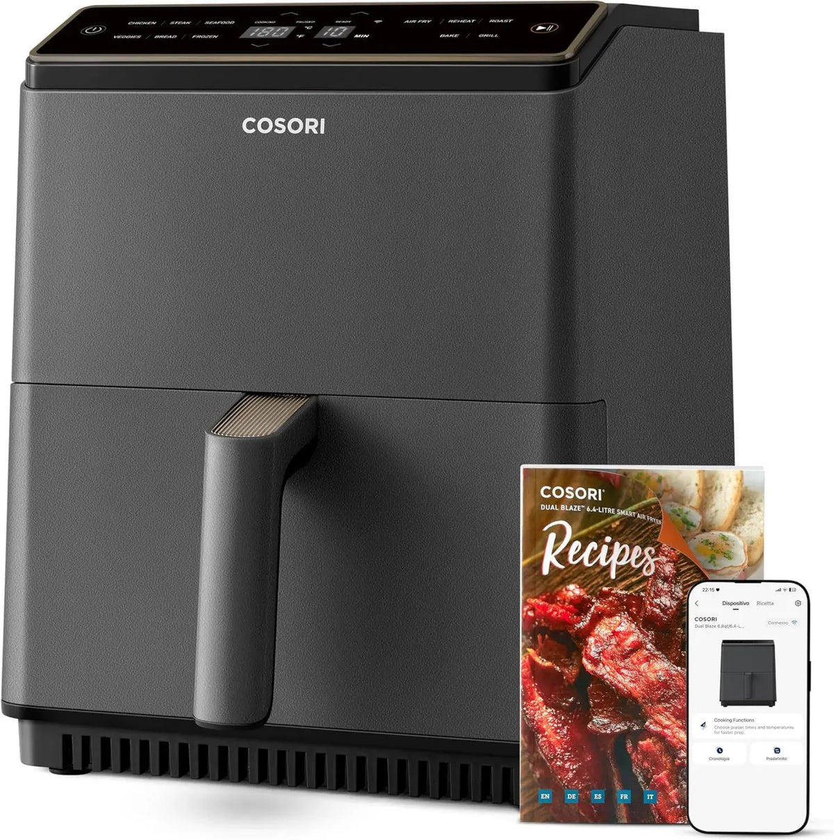 COSORI Friggitrice ad Aria 6,4L, Forno Elettrico Wifi con 11 Programmi, 1700W, Ricettario e APP, Grigio Scuro