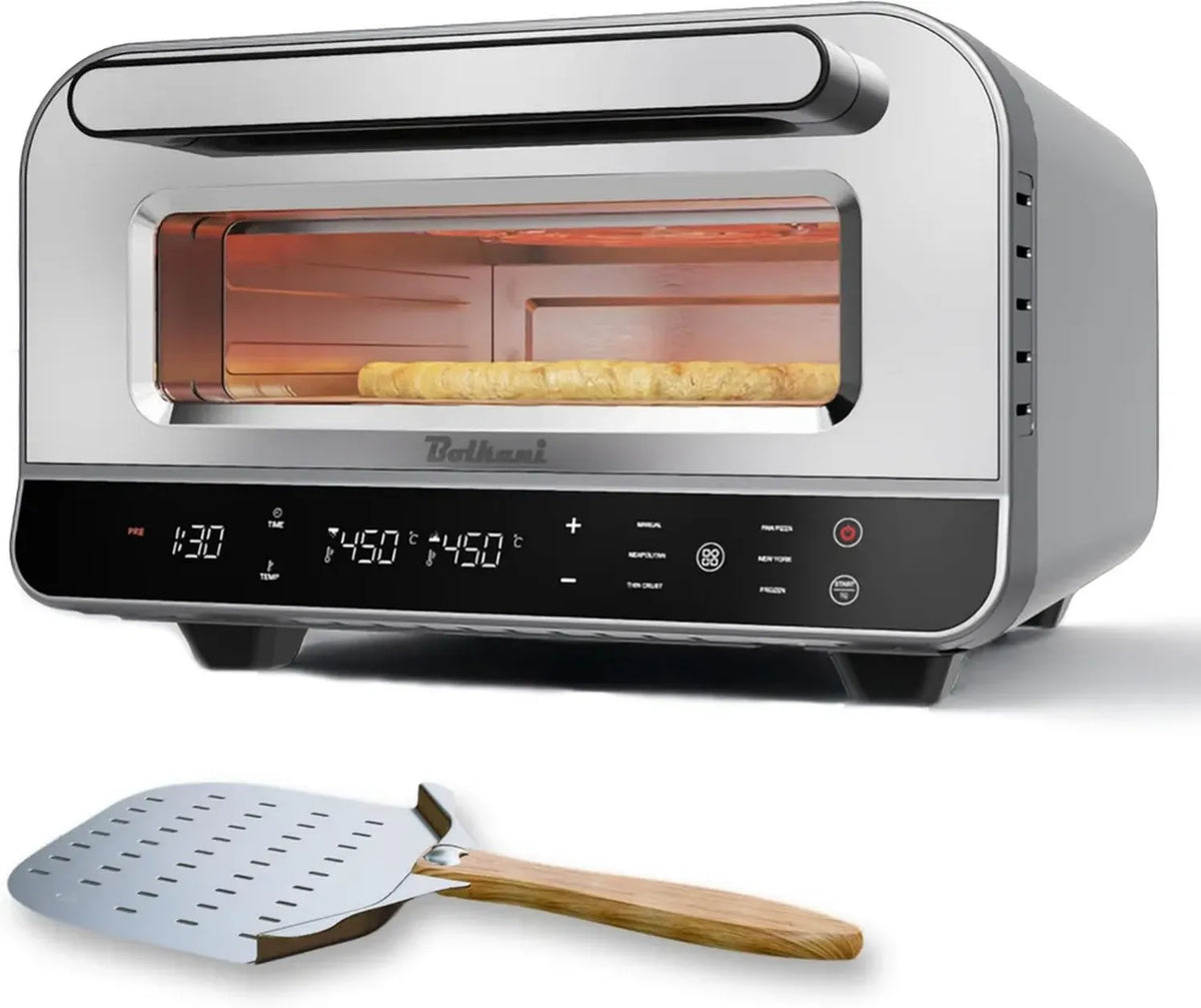 Forno per pizza elettrico 1700W con pietra refrattaria e pala, 450°C, luce interna, finestra, timer - Pizza pronta in 2 minuti - BOLKANI (grigio)