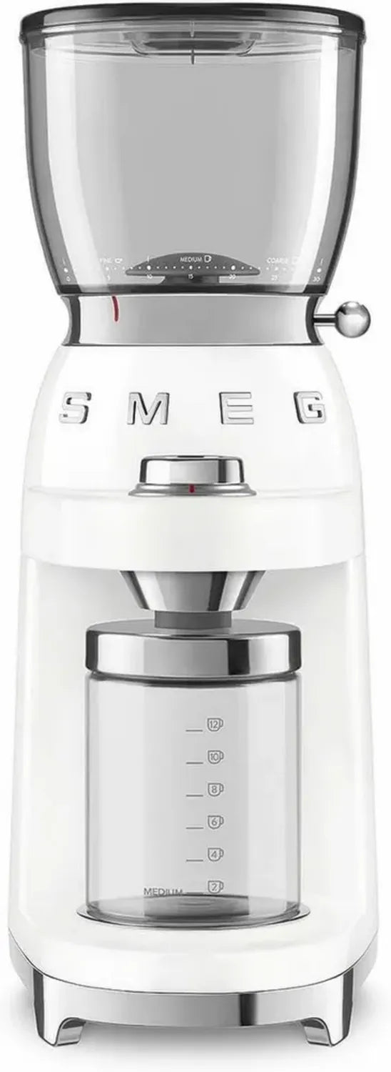 Smeg Macinacaffè Elettrico Regolabile, 30 Livelli, 350g, Antistatico, 150W, Bianco