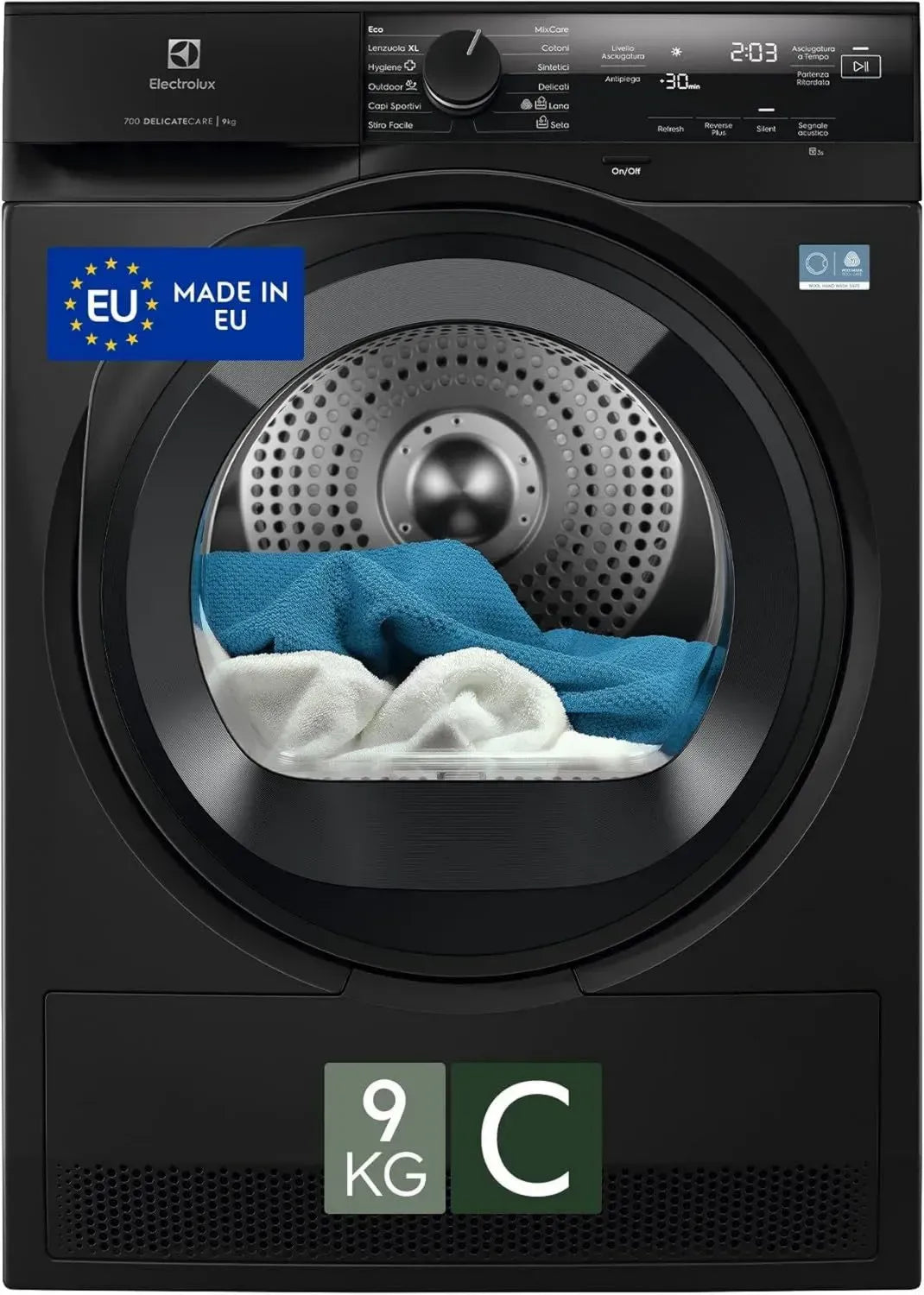 Asciugatrice a Pompa di Calore Electrolux 9 kg DelicateCare 700 - Cicli Lana e Seta, Tecnologia SensiCare, Display LCD, Classe B, Silenziosa